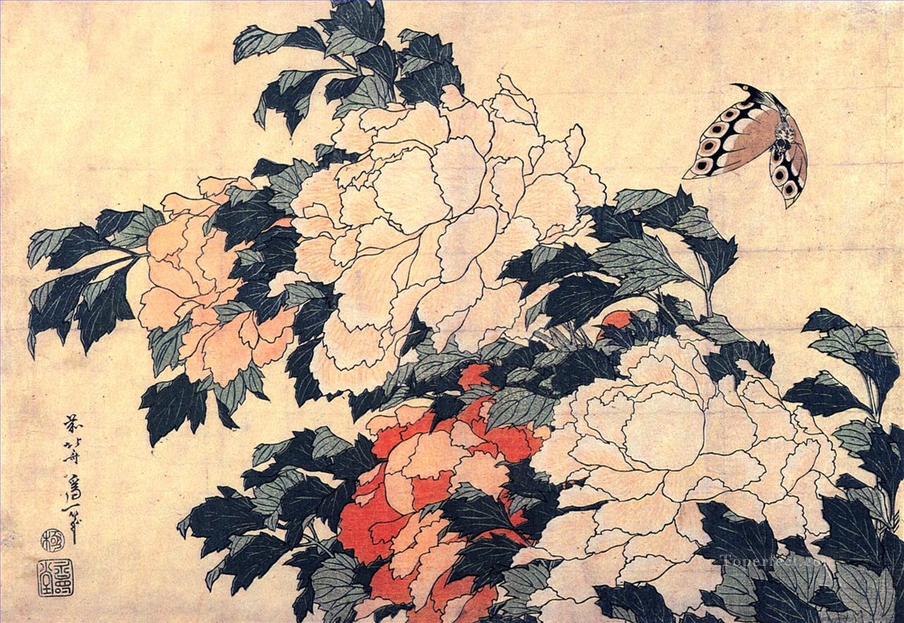 poenies and butterfly Katsushika Hokusai Ukiyoe Oil Paintings